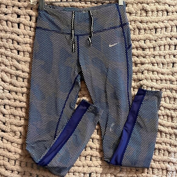 Nike Woman's Athletic Blue and White Polka Dot Dri - Fit Leggings - Size Small - Picture 1 of 12